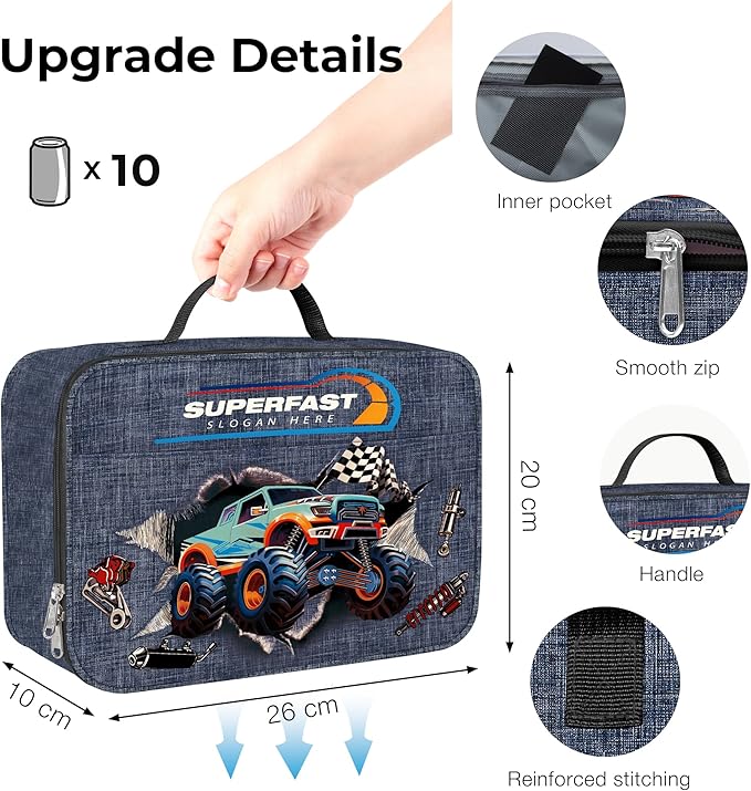 Clastyle 3D Insulated Kids Lunch Bag Large Thermal Cooler Bag for Boy Picnic School Lunch Box Tote,Monster Truck
