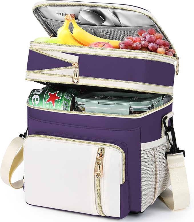 Lunch Box & Lunch Bag for Women, Large Insulated Adult Lunch Box Leakproof Lunchbox Cooler Bag for Work Picnic Beach,16L, Purple & White