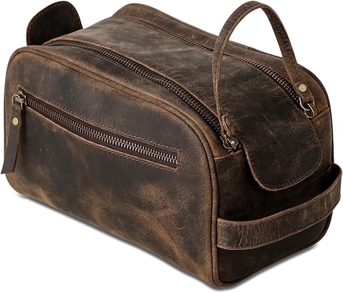Premium Buffalo Leather Dopp Kit Toiletry Bag – Rustic Vintage Style Travel Organizer with Zipper Closure – Leather Shaving Bag for Men & Women and Spacious with Easy Carry Handle
