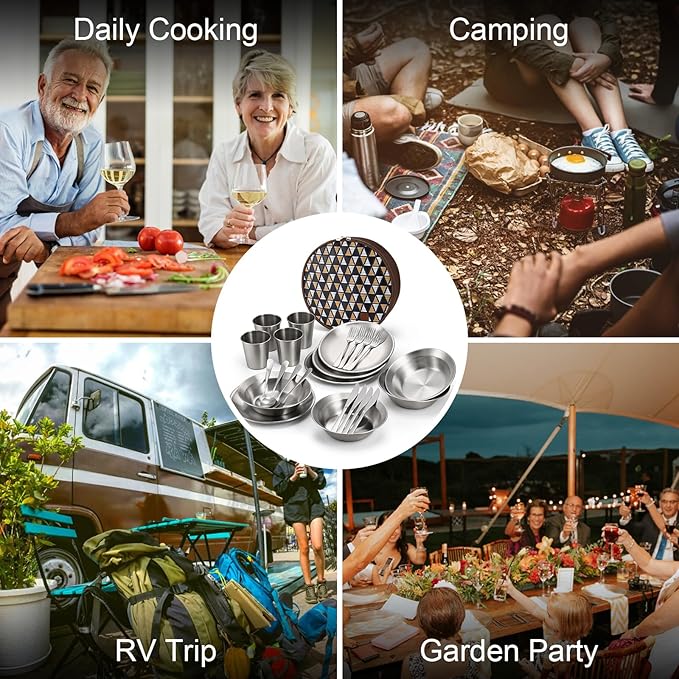 Odoland Camping Complete Messware Kit, Polished Stainless Steel Camp Dinnerware, Camping Cooking Tableware, Cutlery Organizer Utensil with Plates and Bowls Set for Backpacking, Hiking, Picnic