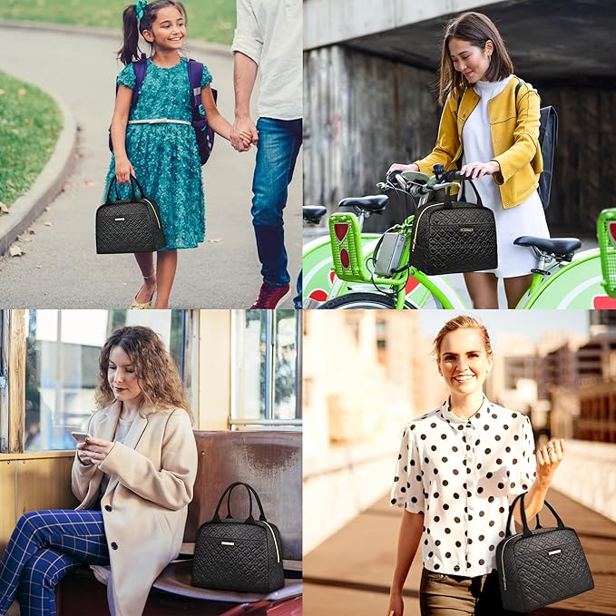 LOKASS Lunch Bag Women Insulated Lunch Box Thermal Lunch Tote Bags for Adults Work(Black-Embroidery)