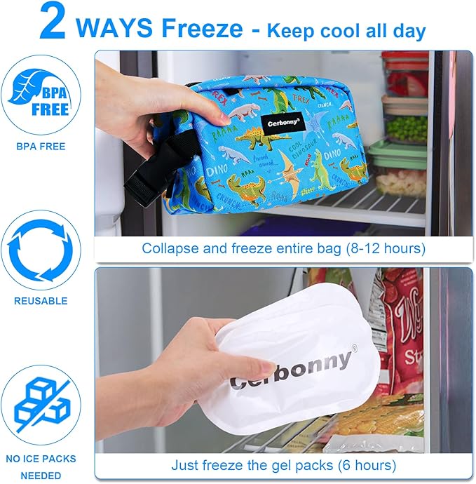 Cerbonny Small Insulated Freezable Cooler Bag for Work, School & Travel; Fit For Yogurt & 3+ (Blue Dinosaur)