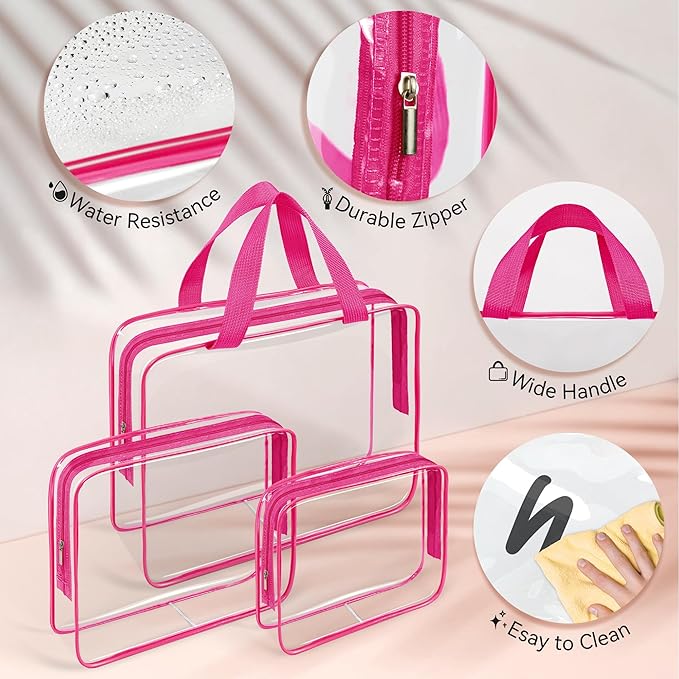 TISRATOK 10 PCS Clear Travel Makeup Toiletry Bag, Plastic PVC Cosmetic TSA Approved Organizer Kit with Zipper Handbag（Rose Red）