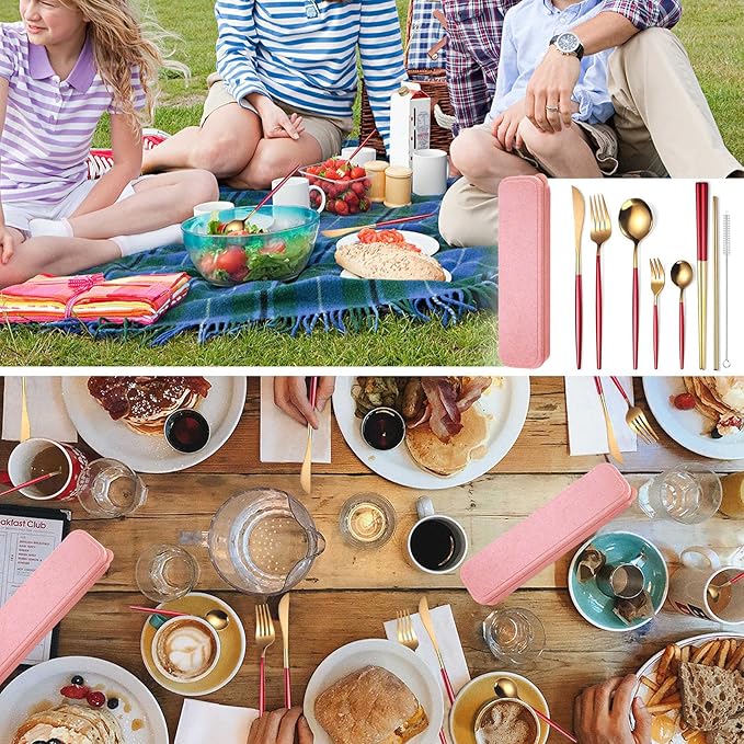AARAINBOW 8 Pieces Stainless Steel Flatware Set Portable Reusable Cutlery Set Travel Utensils Set Including Chopsticks Knife Fork Spoon Straws Cleaning Brush Dishwasher Safe (Red Golden)