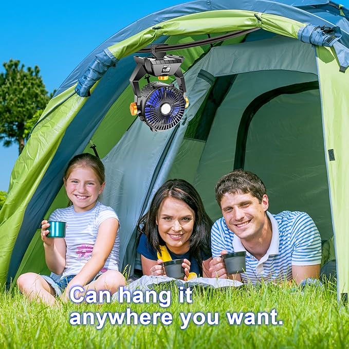 Camping Fan - Rechargeable Portable Battery Powered Camping Fans for Tents with LED Light, Power Display, Timers & 360° Hanging Hook, Ultra Quiet USB Personal Tent Fan for Fishing Travel Home Office