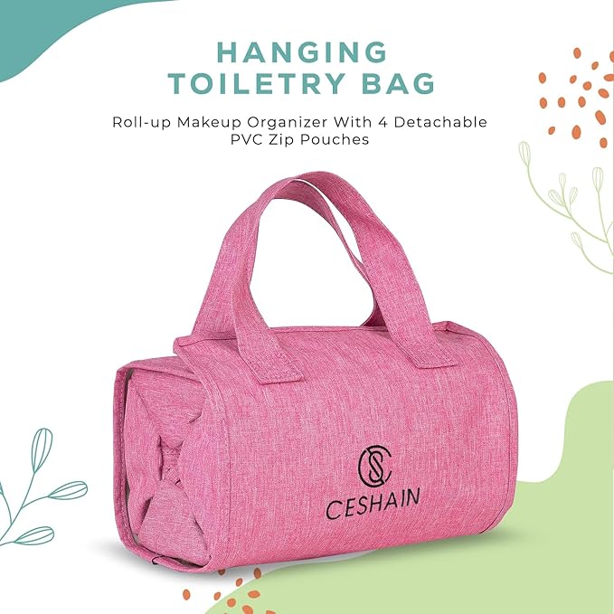 4-in-1 Hanging Toiletry bag - Roll-Up Makeup Bag - 4 Detachable PVC Zip Pouches – 600D Oxford Fabric, Versatile Travel Toiletry Organizer Bag - Makeup, Cosmetics, First Aid, Medicine Personal Care,