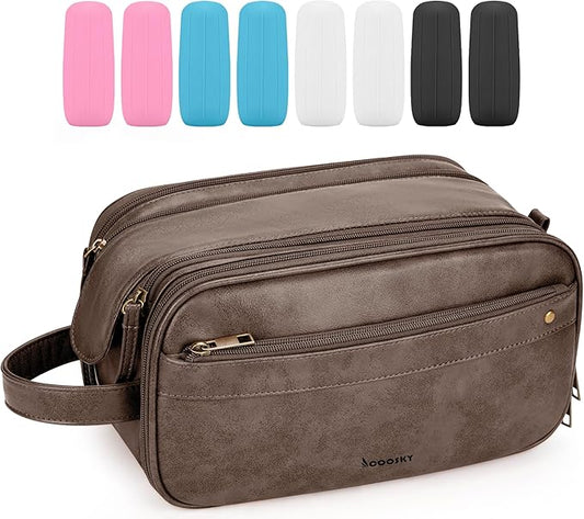 Travel Toiletry Bag for Men, Large Hanging Toiletries Organizer Bags, Cruise Ship Essentials, Water-resistant Shaving Case, PU Leather Makeup Accessories, Cosmetic Dopp Kit, Dark Brown