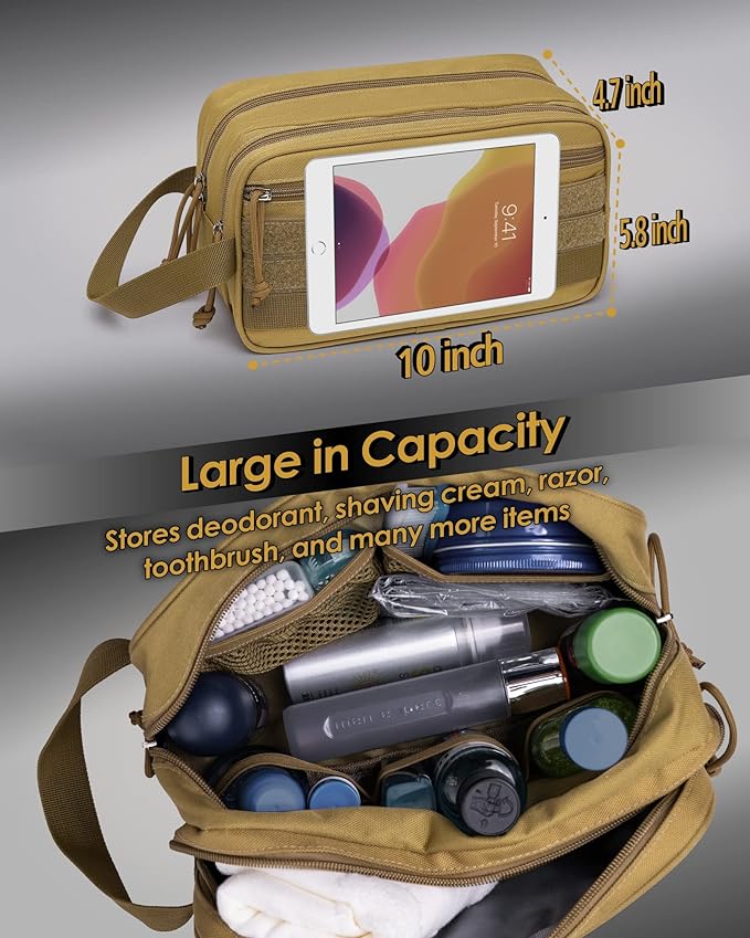 TACTICISM Toiletry Bag for Men - Dry Wet Separate Hygiene Bag Travel Toiletry Bag, Tactical Molle Dopp Kit for Men with Large Capacity, Water-Resistant Shaving Bag for Adult Women for Travel, Brown