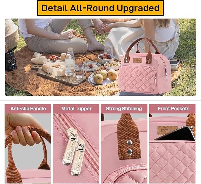 Buringer HOMESPON Lunch Bag for Woman Man Adults with Front Pocket Insulated Lunch Tote Lunch Box Container for Work Picnic or Travel（Pink）