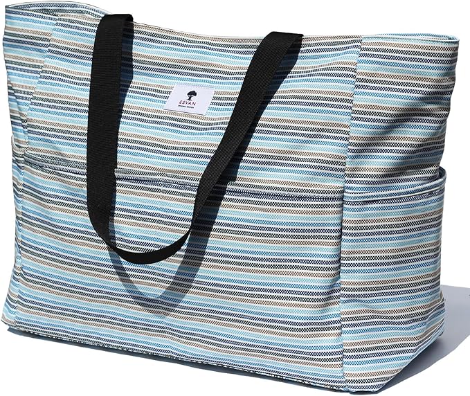 ESVAN Large Foldable Beach Bag for for Women with Dry Wet Compartment Waterproof Sandproof Travel Gym Picnic Handbag