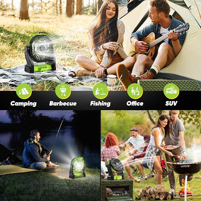 Battery Powered Fan Rechargeable, Real 10000mAh Portable Camping Fans for Tents, 10-Inch Cordless Battery Fans with LED Lights, Quiet Outdoor Fan for Travel, Hurricane, Power Outage, Green
