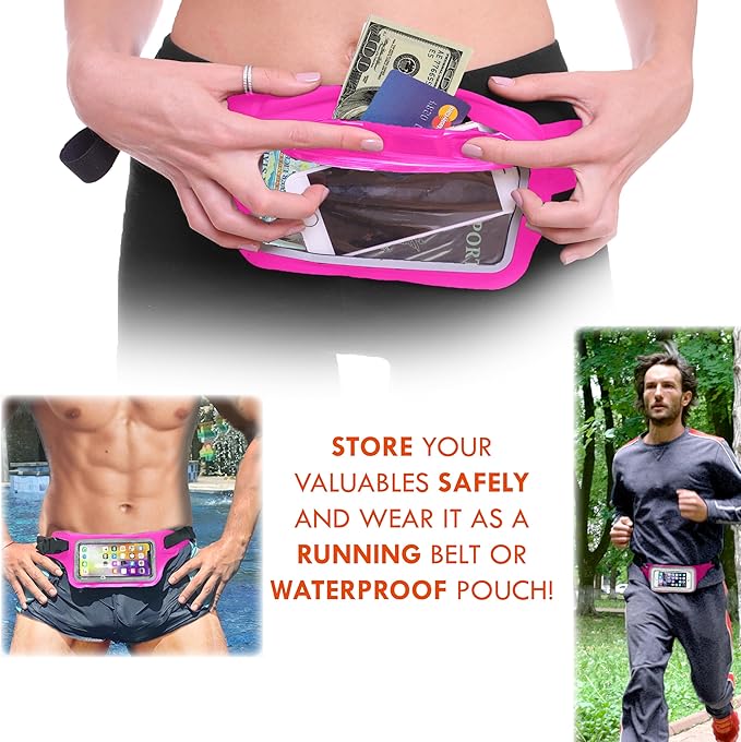 Ultimate Pink Waterproof Running Swimming Belt: Phone & Essentials Holder for Gym, Beach, Kayaking, Ski! Fits iPhone, Samsung - Touchscreen, IPX8 Rated Dry Waist Pouch - Adventure-Ready Performance!