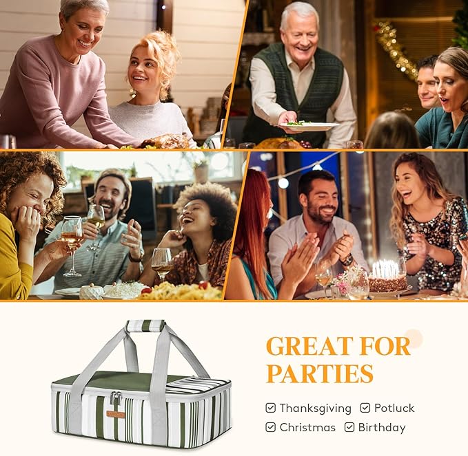 Insulated Casserole Carrier for Hot or Cold Food, Lasagna Lugger Tote for Potluck Parties/Picnic/Cookouts, Fits 9"×13" Baking Dish, Dark Green