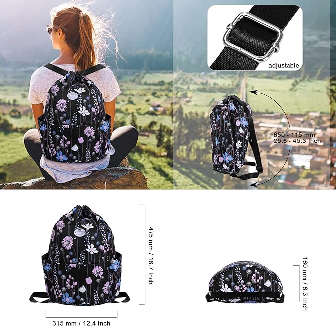 HUA ANGEL Floral Print Drawstring Bag - Lightweight Waterproof Cinch Sackpack with Side Pocket for Men & Women Travel Gym Bag