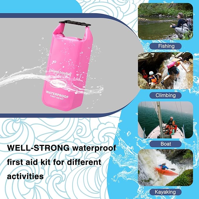Waterproof First Aid Kit Roll Top Boat Emergency Kit with Waterproof Contents for Fishing Kayaking Boating Swimming Camping Rafting Beach Pink