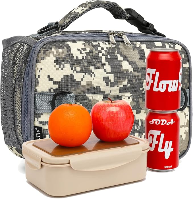 FlowFly Kids Lunch Bag, Durable Insulated School Lunch Box with Shoulder Strap and Bottle Holder, Water-resistant Thermal Small Lunch Cooler Tote for Teen Boys & Girls,Digital#Camo