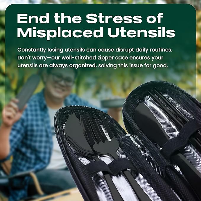 Portable Travel Silverware Set With Case, Includes 5 Pcs of Travel Utensils With Case, Stainless Steel Flatware Set For Camping, Easy to Travel, Lightweight (Black), Medium, TL-05B