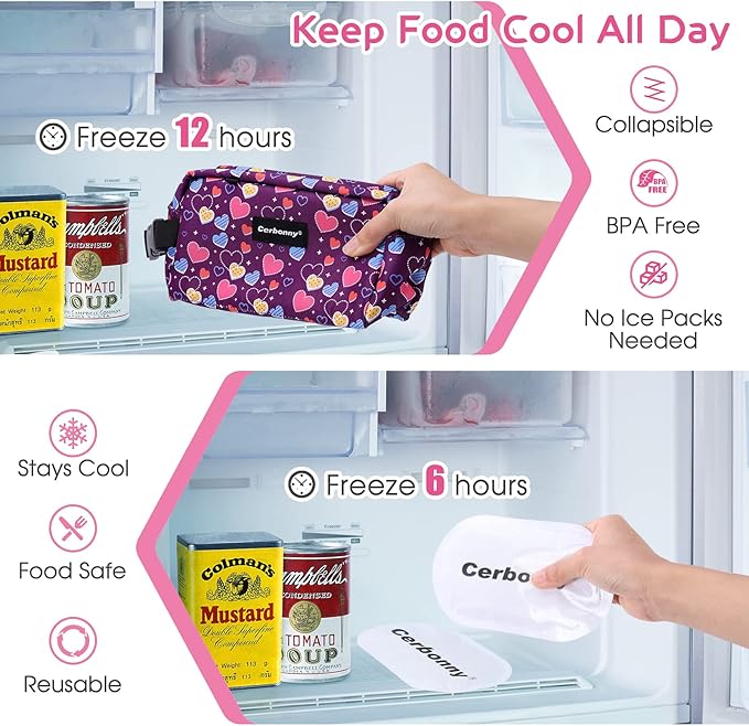Cerbonny Freezable Lunch Cooler for Work, School, Travel - Leak-proof Insulated Bag for Kids/Adults, Fits Yogurt (Purple Heart)