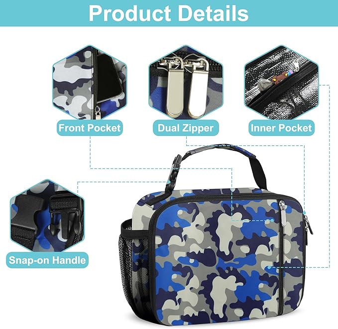 esouler Lunch Box Kids Insulated Lunch Bag for Boys & Girls Durable Children Lunchbox for School with Water Bottle Holder-Camouflage