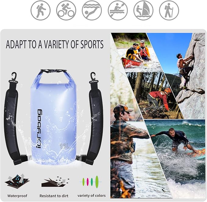 IDRYBAG Clear Dry Bag Waterproof 2L/5L/10L/15L/20L, Small Dry Sack Waterproof Bag for Kayaking