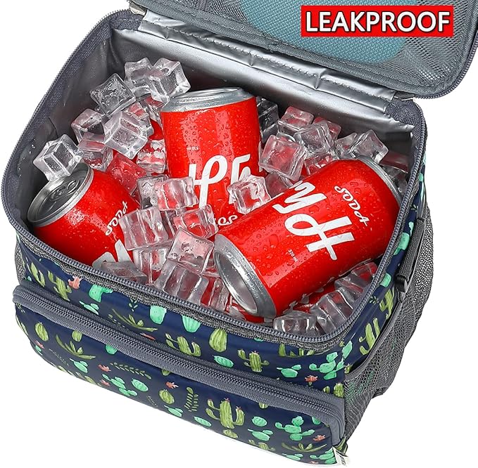 Insulated Reusable Lunch Bag Adult Large Lunch Box for Women and Men with Adjustable Shoulder Strap,Front Zipper Pocket and Dual Large Mesh Side Pockets,Cactus