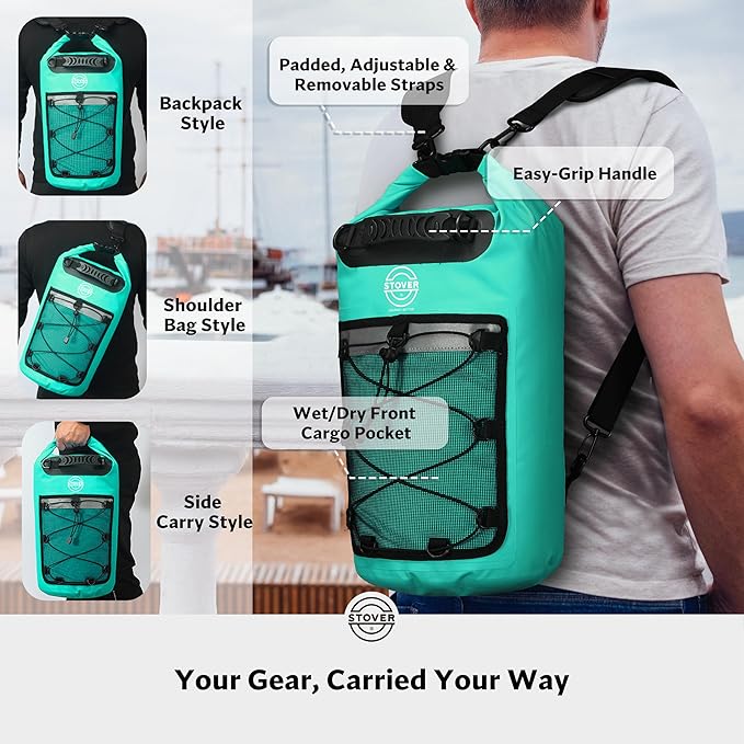STOVER 5/10/25/30/40/55L Waterproof Dry Backpack & Phone Case- Medium Floating Dry Bag for Kayaking, Travel, Hiking, Fishing, Camping, Motorcycles & Beach, Heavy-Duty Roll Top Men/Women (Teal)