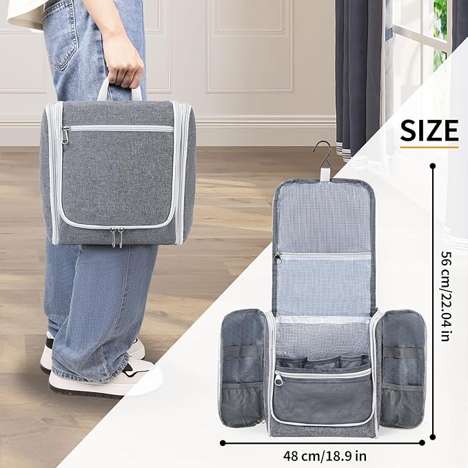 Della Gao Travel Hanging Toiletry Bag for Men and Women, Large Capacity Cosmetics Bag Makeup Bag Organizer, Bathroom Bag, Water-Resistant Nylon, Grey