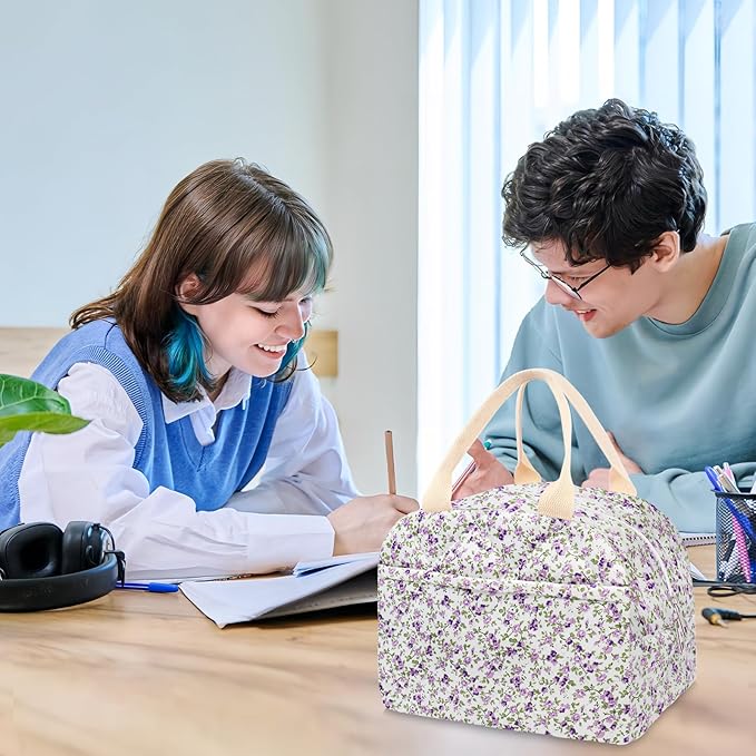 Cotton Quilted Insulated Lunch Bag, Cute Quilted Floral Lunch Tote Bags Reusable Insulated Lunch Box Coquette Aesthetic Large Capacity Insulated Cooler for Women Men Work Travel Picnic (Purple)