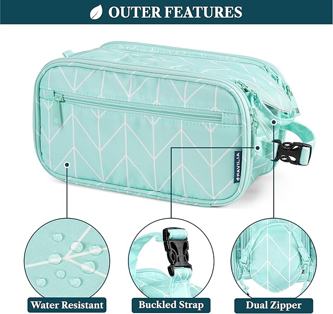 PAVILIA Toiletry Bag for Men Women, Mens Travel Bag Toiletries Organizer Case for Grooming, Travel Essentials Shaving Dopp Kit, PU Leather Water Resistant Cosmetic Pouch, Teal Chevron