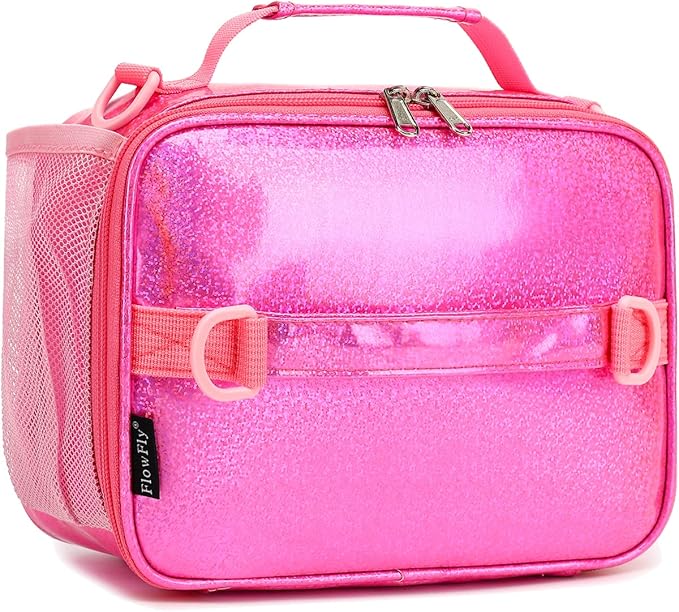 FlowFly Kids Lunch Bag, Durable Insulated School Lunch Box with Shoulder Strap and Bottle Holder, Water-resistant Thermal Small Lunch Cooler Tote for Teen Boys & Girls,Pink#PU
