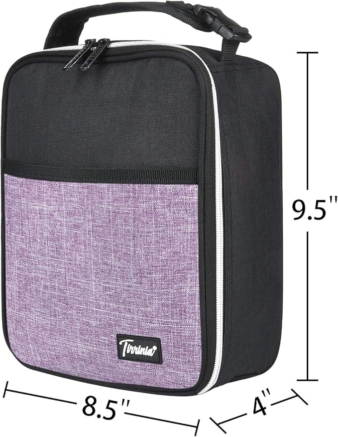 Tirrinia Small Insulated Lunch Bag for Men Women, Splash Proof Mini Portable Reusable Thermal Lunch Box Cooler Tote for Adults & Kids, Black & Purple