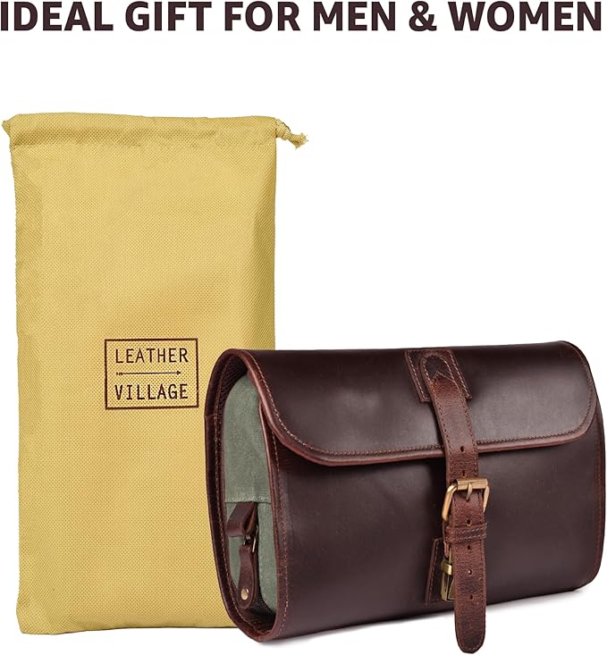 LEATHER VILLAGE Hanging Toiletry Bag for Men & Women, Handcrafted Vintage Cosmetic & Shaving Organizer Travel Dopp Kit- Cherry