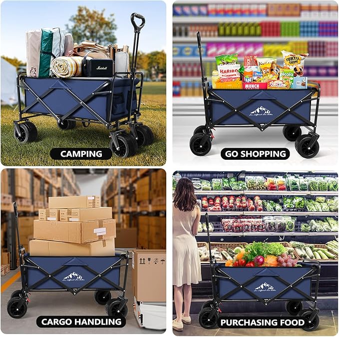 Large Collapsible Wagon Cart Heavy Duty Foldable, Large Capacity Foldable Grocery Beach Wagon for Camping Sports Shopping, Blue