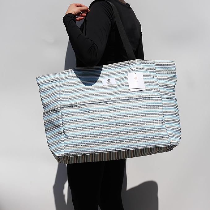 ESVAN Large Foldable Beach Bag for for Women with Dry Wet Compartment Waterproof Sandproof Travel Gym Picnic Handbag