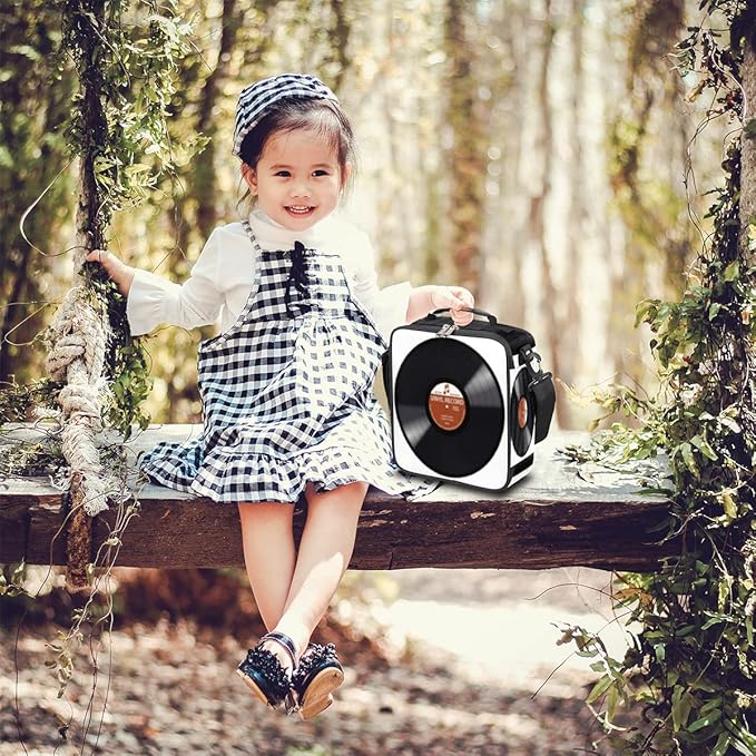 Pardick Music Record Black Kids Lunch Bag Retro Music Vinyl CD Insulated Lunch Box Mini Cooler Back to School Thermal Meal Tote Kit Bento Tote Bags Thermal Lunchbox for Boys Girls