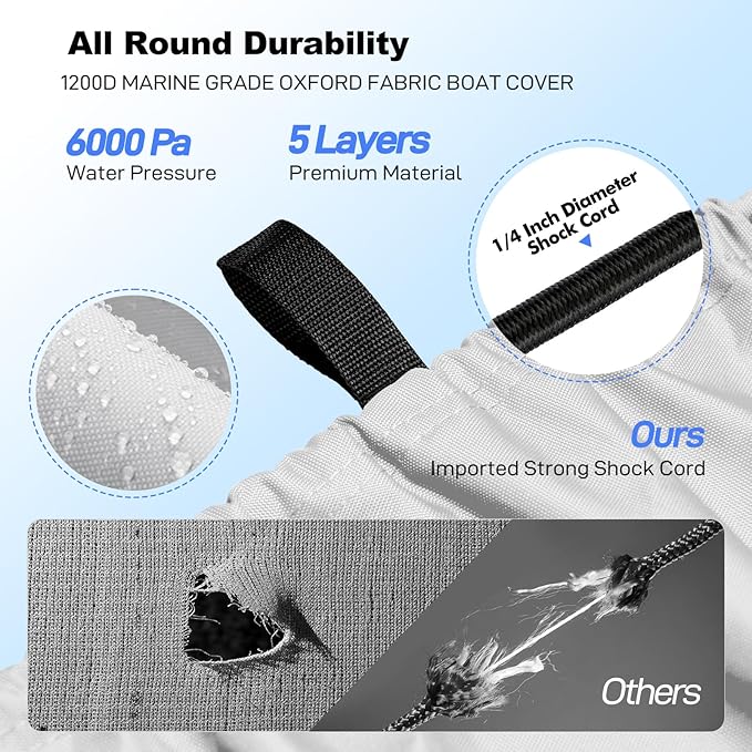 Boat Cover 14-16ft, Bass Tracker Boat Cover with Sand Bag Mooring Kit, 1200D Marine Canvas Waterproof Heavy Duty Boat Covers for 14 feet 15ft 16' Foot V Hull Bass & Runabout Boat,Gray