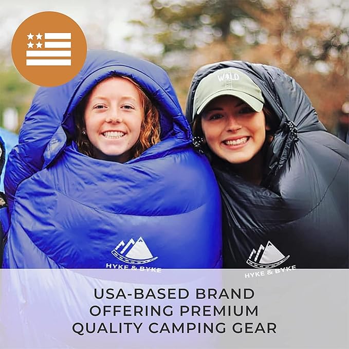 Hyke & Byke Shavano 32 F Hiking & Backpacking Sleeping Bag - 3 Season, 650FP Duck Down Sleeping Bag - Ultralight - Black - 78in - Regular