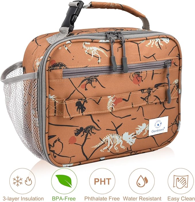 Genteen Lunch Box Kids, Prints Insulated Lunch Bag Kids Boys Girls,Soft Bag Mini Cooler Back to School Thermal Meal Tote Kit Lunch Box for School,Work,Outdoor (Dino)