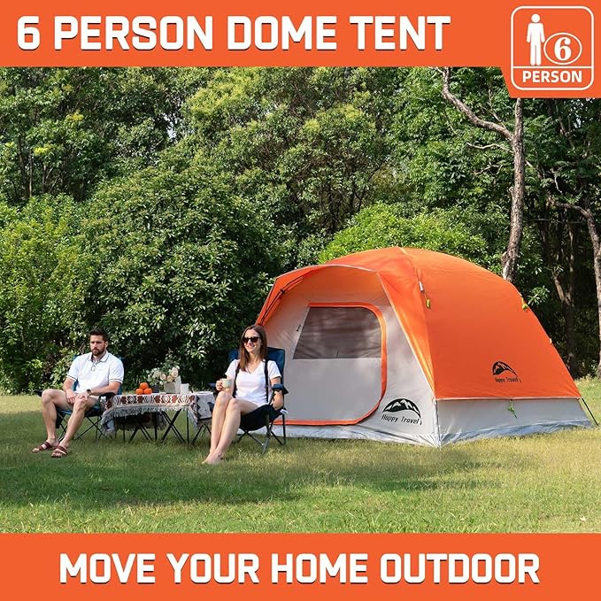 Happy Travel Camping Tent, 6 Person Dome Tents for Camping with Rainfly, Waterproof Clip Easy Setup Portable Family Tent with Mesh Windows, 20% More Headroom Backpacking Tents for Camping & Hiking