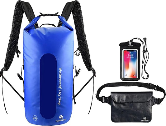 Waterproof Dry Bags Set of 3 - Dry Bag with 2 Zip Lock Seals, Waist Pouch & Phone Case - Can Be Submerged Into Water for Swimming, Kayak, Rafting & Boating (Window, Navy Blue, 35L)