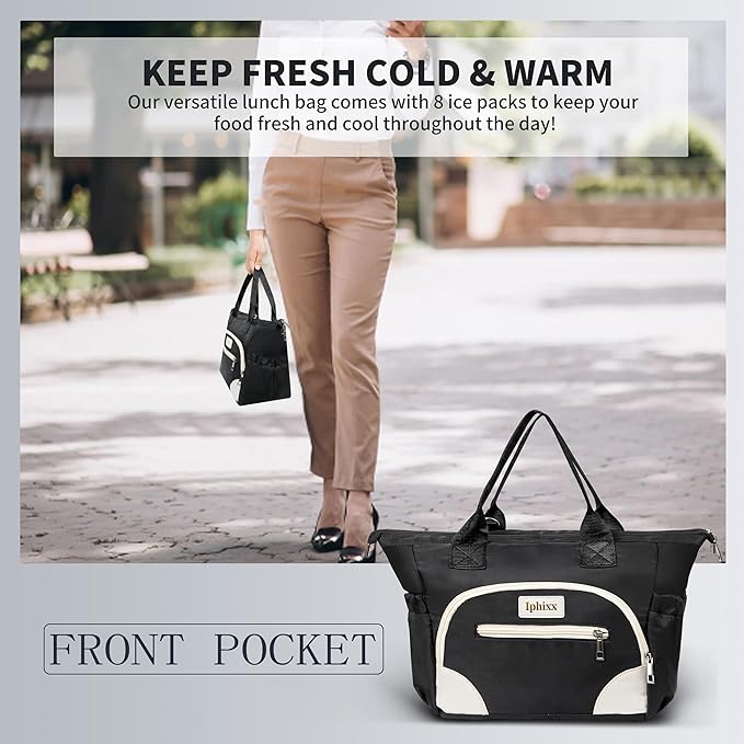Lunch Bag Women Insulated Lunch Box for Adults - Leakproof Large Purse Lunch Tote Bags for Women with Adjustable Shoulder Strap Zipper Side Pockets for Work