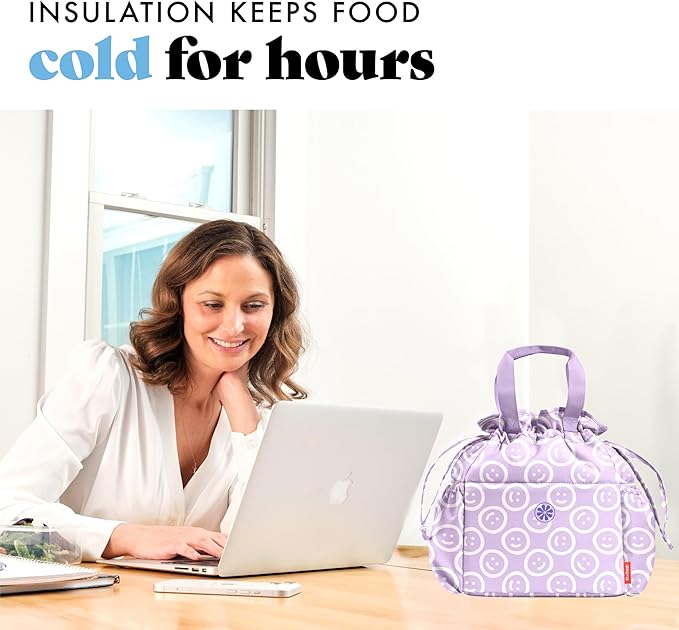 Fit & Fresh Lunch Bag For Women, Insulated Womens Lunch Bag For Work, Stain-Resistant Large Lunch Box For Women With Containers, Cinch Closure Cromwell Bag, All Smiles Lavender