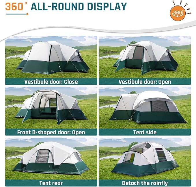 8/10/11 Person Camping Tent with Porch, Large Family Tents for Outdoor Camping, Big Dome Tent Includes Rainfly, Reflective Windproof Rope, Large Vestibule