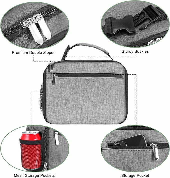 Kids Lunch Box for Boys Girls Lunch Bag Insulated Durable Lunchbox Children Lunch Tote Bag for School Grey
