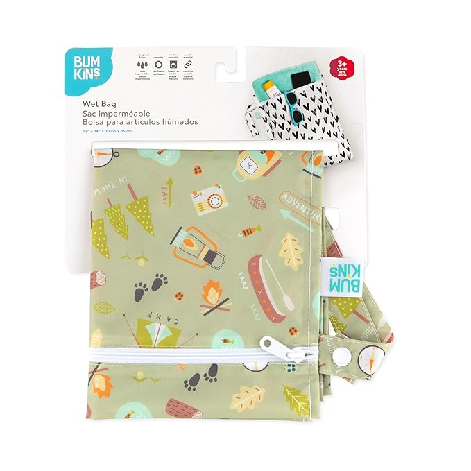 Bumkins Waterproof Wet Bag for Baby, Travel, Swim Suit, Cloth Diapers, Pump Parts, Pool, Beach, Gym Clothes, Toiletry, Hook to Stroller, Daycare, Zipper Reusable Wetdry Packing Pouch, Camp Gear Green