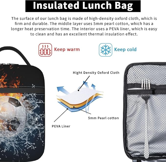 Insulated Durable Football Lunch Box with Shoulder Strap, Kids Adult Fire And Water Soccer School Lunch Bag, Lunch Tote Box Bag for Office School Picnic Beach Travel