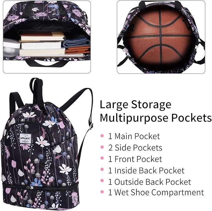Dry Wet Drawstring Backpack with Shoe Compartment for Women Adjustable Gym Bag