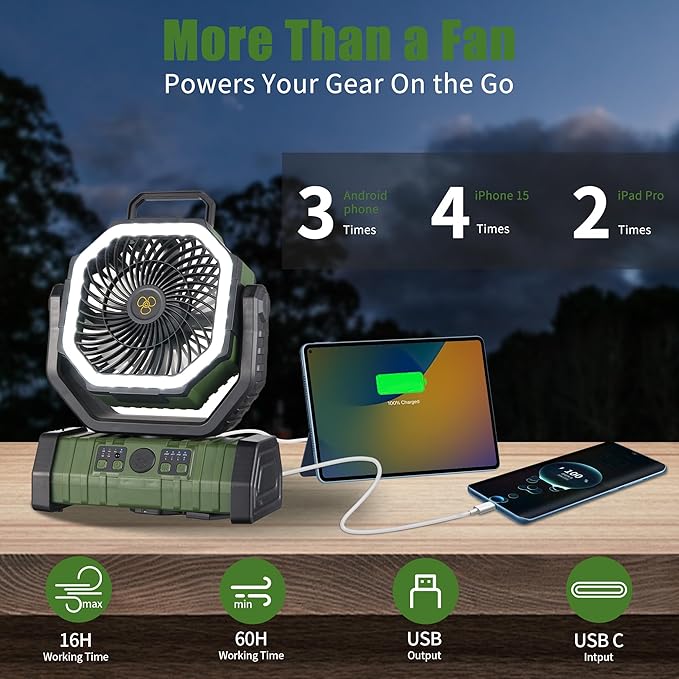 Rechargeable Operated Camping Battery Powered Fan with Hook&Bright LED Light,Remote Control Timer Auto Oscillation Cordless Outdoor Fan for Power Outage,Picnic,Barbecue,Fishing,Travel,Jobsite,Home