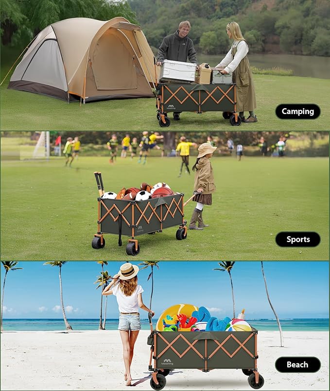 48”L Foldable Wagons Carts Extended, Collapsible Folding Wagon 500lbs Heavy Duty, 400L Large Beach Wagon, Utility Wagon with All Terrain Big Wheels for Sports, Camping, Grocery, Garden, Green