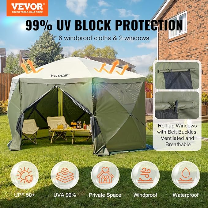 VEVOR Pop Up Gazebo Screen Tent, Instant Gazebo Tent with Mosquito Netting Outdoor Canopy, 6 Sided Sun Shelter 12x12ft w/ 6 Removable Wind Cloths & 2 Mesh Windows, Pavilion Tent for Patio, Army Green